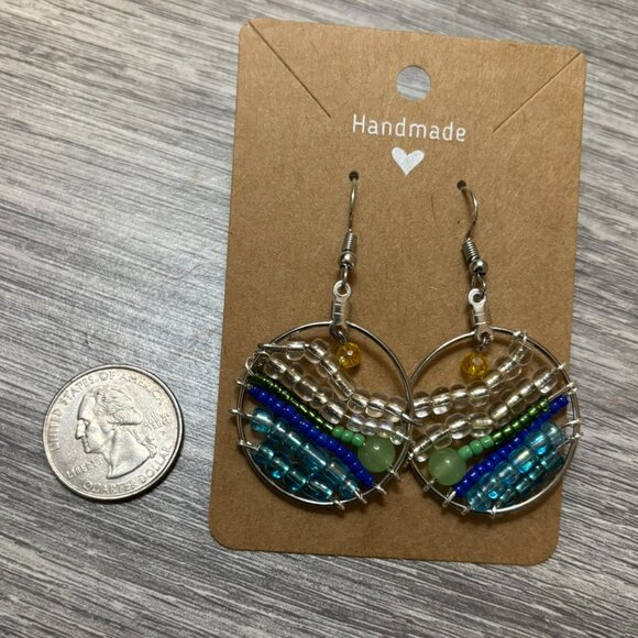 Handmade Ocean Wave Land Beaded Hoop Earrings – Blue & Green Boho Dangles - Picture 4 of 4